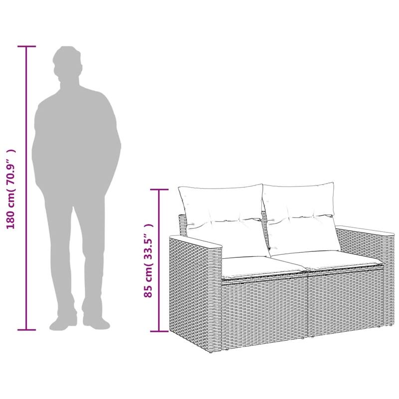 vidaXL Patio Sofa with Cushions 2-Seater Gray Poly Rattan - 48.8 x 24.4 x 27.2