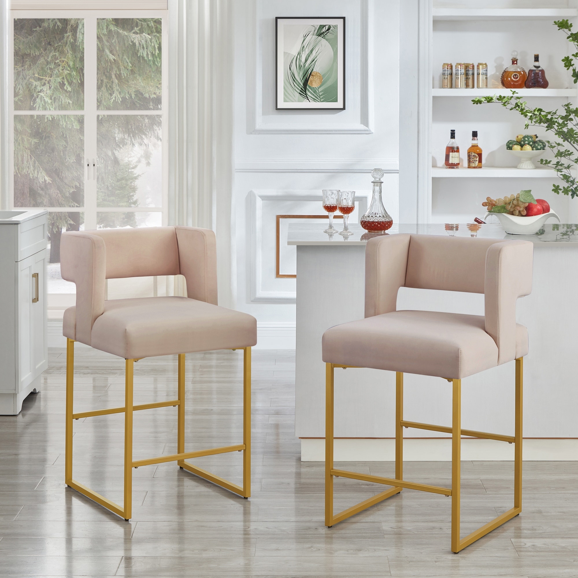 Modern Fashion Counter Height Stool With Square Open Backrest and Sturdy Iron Legs, Set of 2 Versatile Bar Chair, Black/Gold