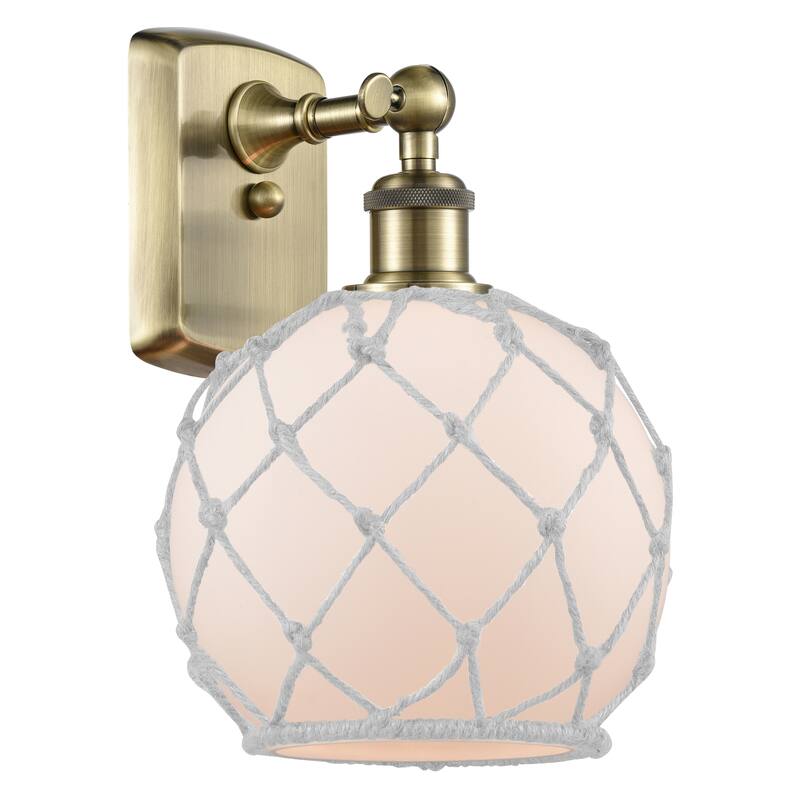 Innovations Lighting Endless Possibilities Ballston - Farmhouse Rope - 1 Light 8" Sconce - Bulb Not Included - Antique Brass/White Glass with White Rope