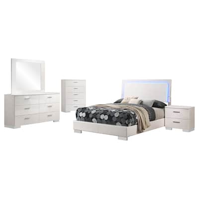 Sok 5pc Full Bedroom Set with Blue LED Lights, White High Gloss Wood