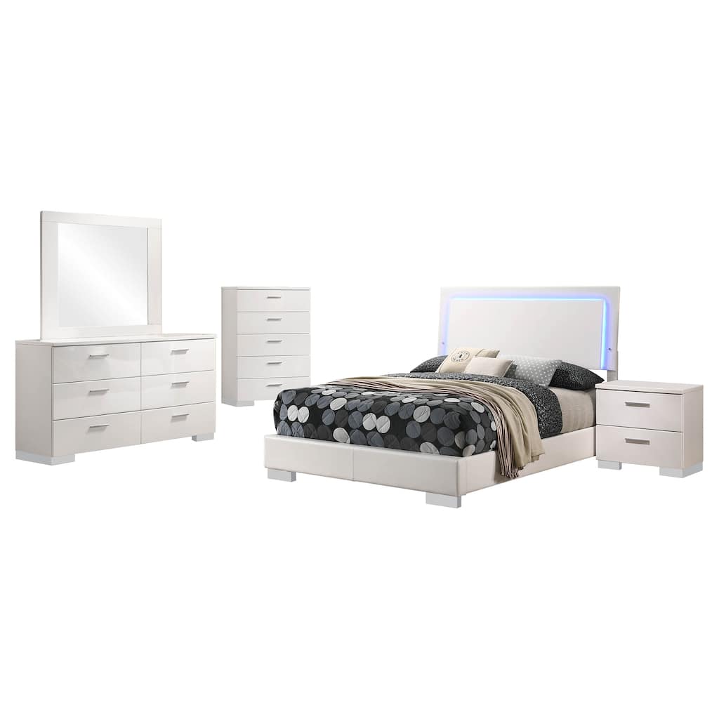 Sok 5pc Full Bedroom Set with Blue LED Lights, White High Gloss Wood