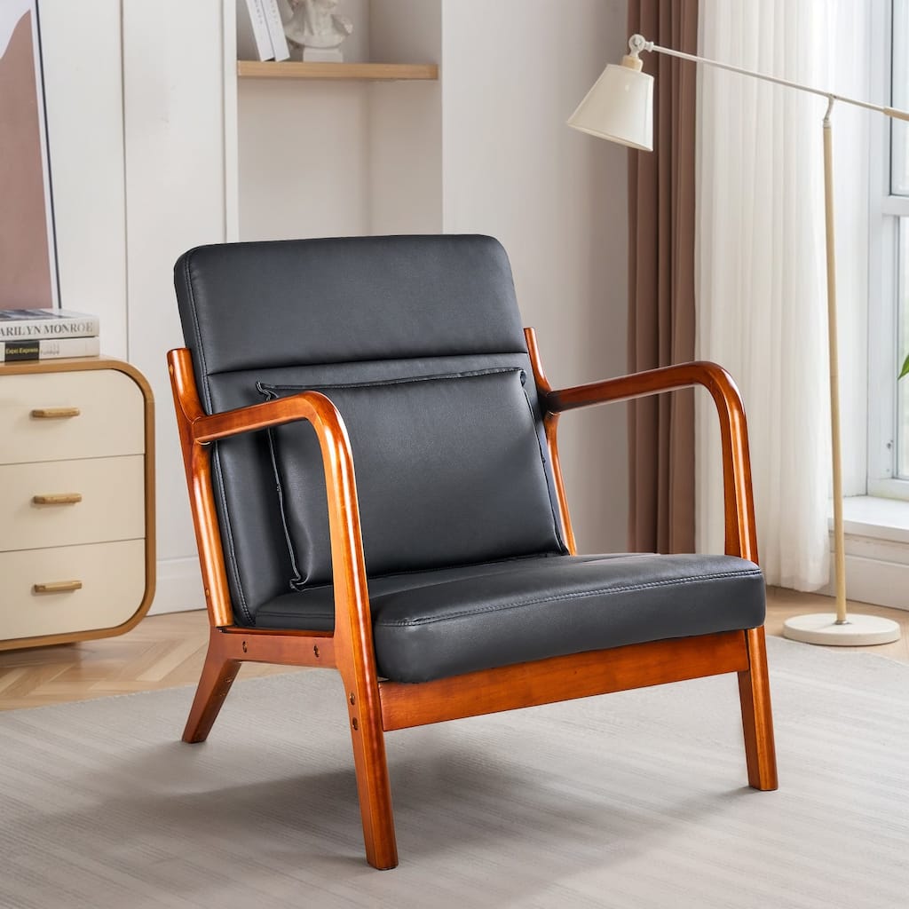 Javlergo Mid Century Modern Accent Chair Comfy Armchair with Lumbar Pillow and Thick Cushion Lounge Chair with Solid Wood Frame