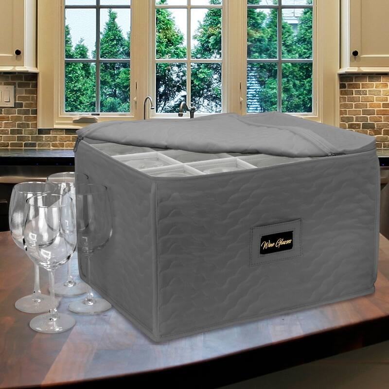 Stemware Wine Glass Storage Chest - Deluxe Quilted Microfiber Holds 12 Glasses (Beige / Gray)