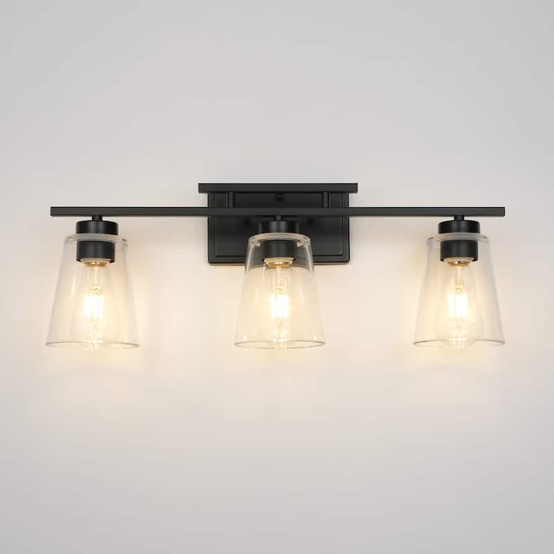 3-Light Modern Black Linear Cone Clear Glass Bathroom Vanity Light - 23.62 in. W x 7.09 in. D x 9.25 in. H