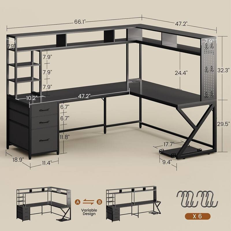 L Shaped Gaming Desk with Storage Shelves and Hutch Computer Desk 3 Drawers