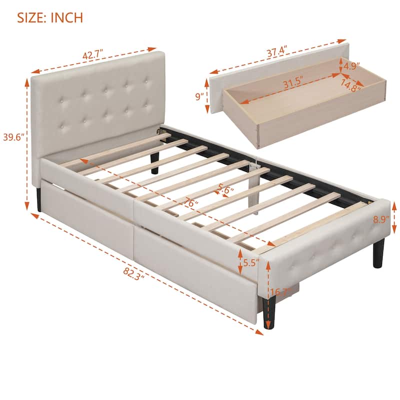 Elegant Twin Upholstered Platform Bed with Button-Tufted Headboard and 2 Drawers, Linen Fabric, Easy Assembly