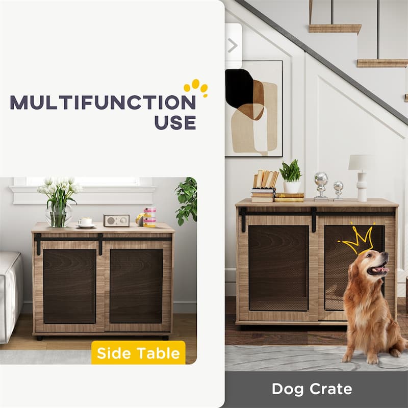 Walnut Brown Dog Crate Furniture with Barn Door Side Door Fine Mesh and Adjustable Feet