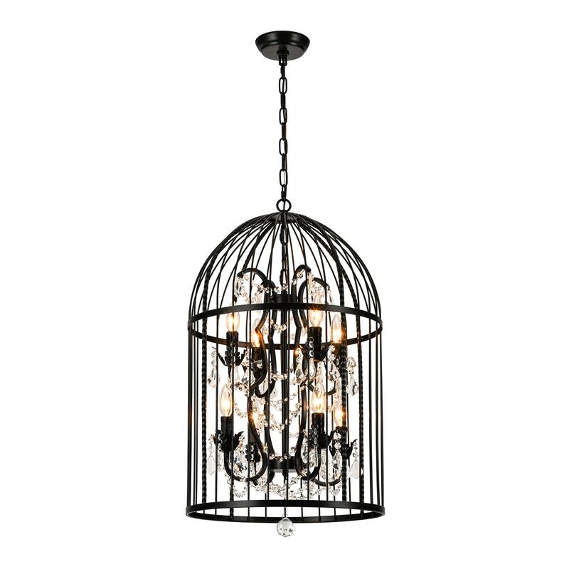 Vintage Industrial Birdcage Crystal Chandelier with Black Metal Cage and Crystal Accents - W17.72"