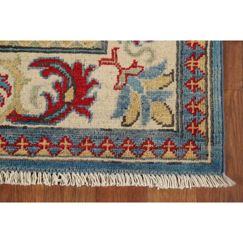 Blue Geometric Kazak Oriental Runner Rug Handmade Wool Carpet - 2'9" x 9'8"
