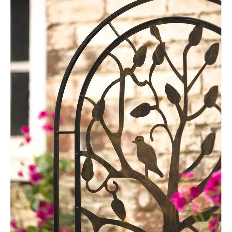 Metal Arched Garden Trellis with Tree of Life Design - Antique Copper