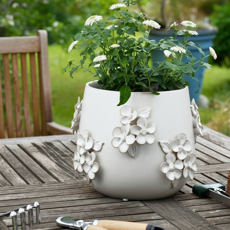 Ceramic Planter Raised Floral Detailing Glossy Decorative Display - 7.0"