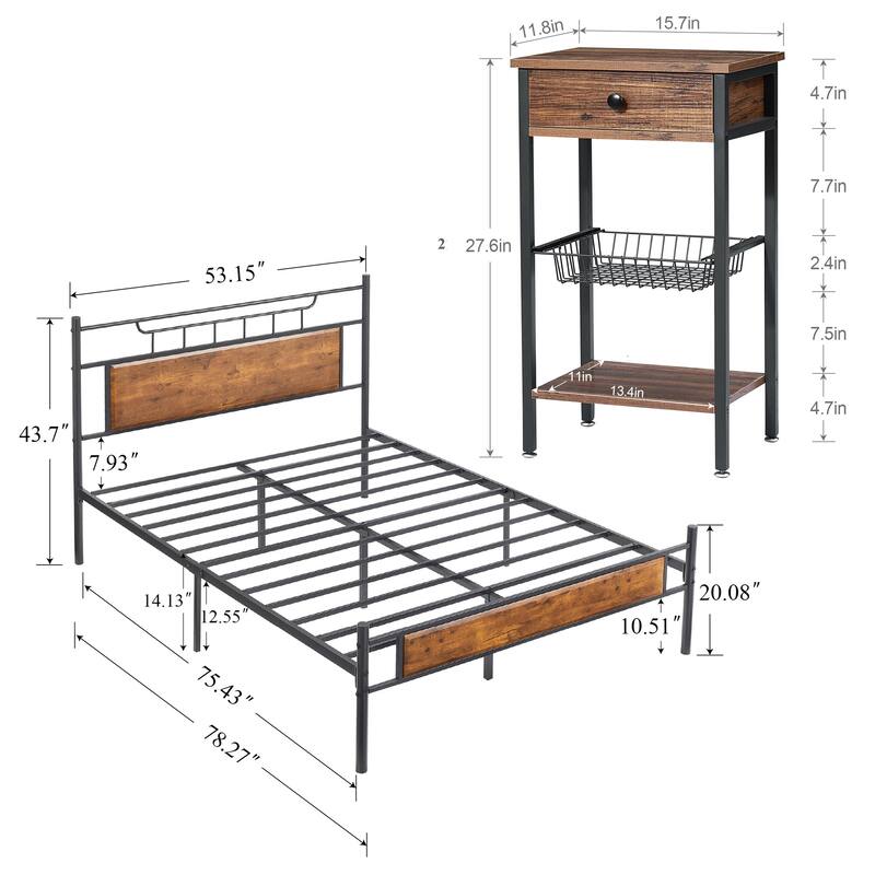 Javlergo 3-Piece Bedroom Set with Bed Frame and 2 Nightstand, Brown