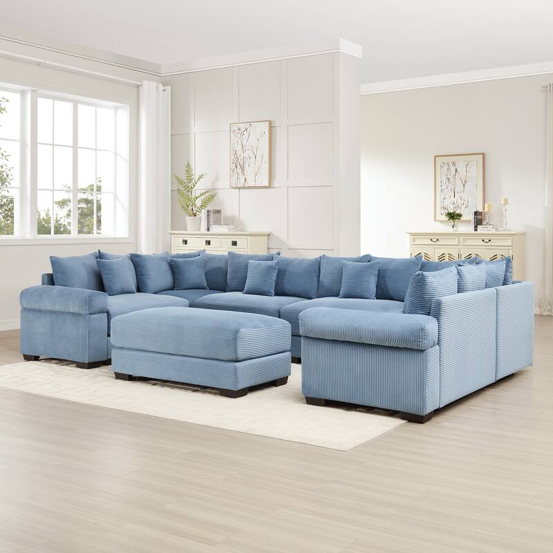 GDFStudio - Corduroy U-Shaped 6-Seater 137.7" Cloud Modular Sectional Couch with Ottoman
