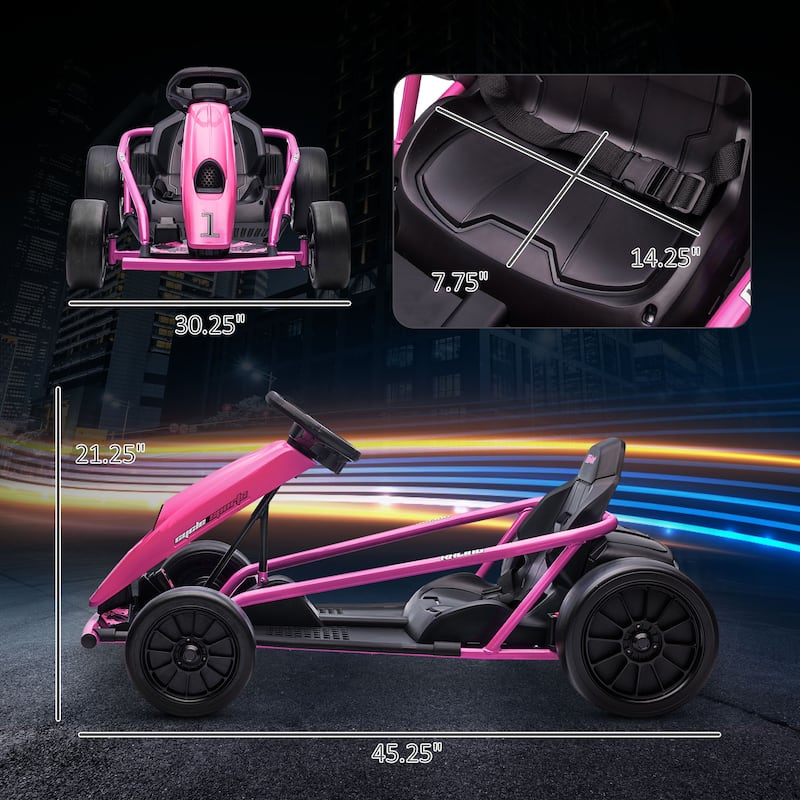 24V Electric Drift Go Kart with Safety Belt, Pink All-Terrain Car Battery Powered Electric Car with Music