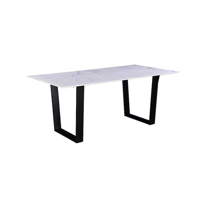 72 Inch Modern Dining Table with Marble Tabletop, Iron Legs, White, Black - White