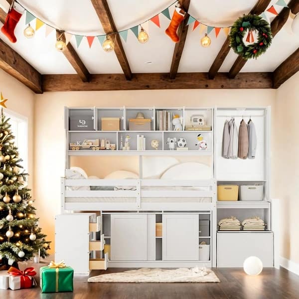 slide 2 of 32, Twin Size Wooden Loft Bed Big Storage With Under-Bed Desk,2 Spacious Drawers,Shelves,2 Storage Compartments Gray