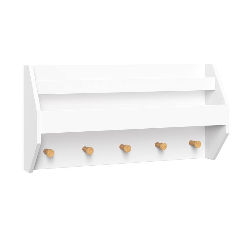 RiverRidge Kids Catch-All Wall Shelf with Bookrack and Hooks for Books and Bags - White with Pine Wood Accents