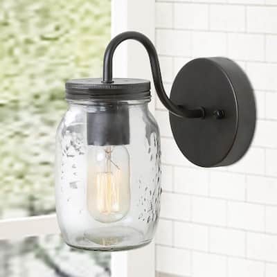 Farmhouse Industrial 1-Light Glass Wall Sconce Mason Jar Bathroom Vanity Lights - W4.75" x E7" x H8.75"
