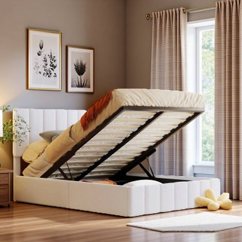 Queen Size Upholstered Platform Bed Frame with Hydraulic Lift Storage, Linen Fabric Headboard & Solid Wood Slat Support - Full White - Full