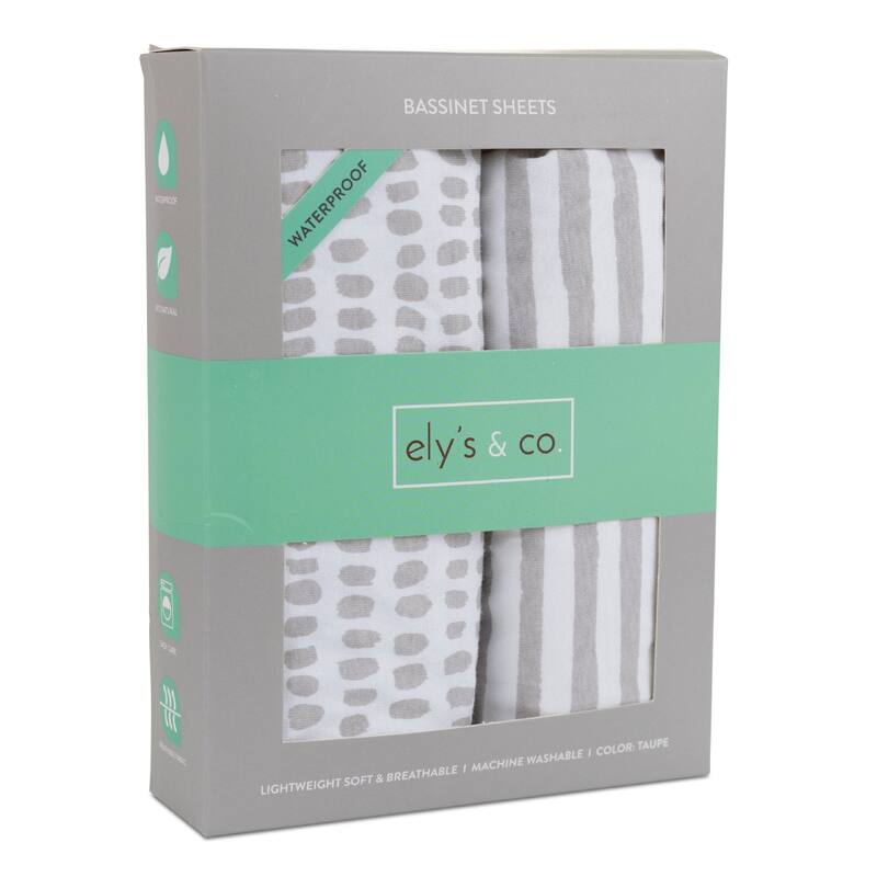 Ely's & Co. Baby Fitted Waterproof Bassinet Sheet Set - 2 Pack - 32" x 16" - Taupe Stripes & Splash