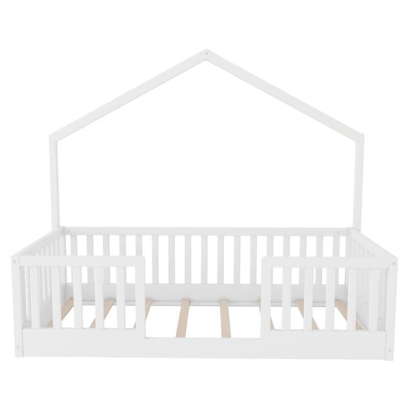 Roomfitters Twin/Full Floor Platform Bed, House Frame and LED Light with Wooden High Rails for Bedrooms or Guest Rooms