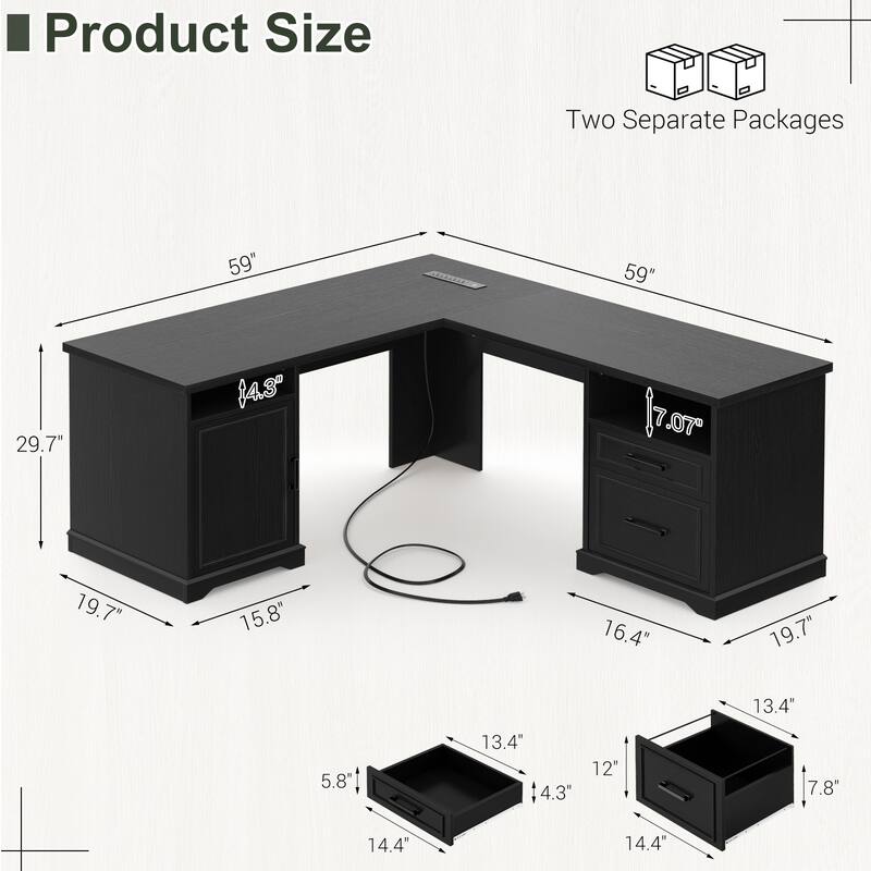 French Country L Shaped Desk with Charging Station, Office Computer Table with File Cabinet