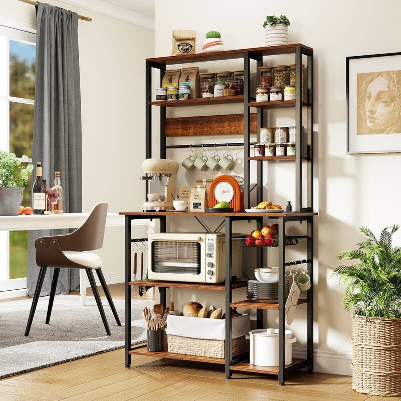 Gymax Bakers Rack w/ Power Outlet 6-Tier Microwave Stand w/ Wooden