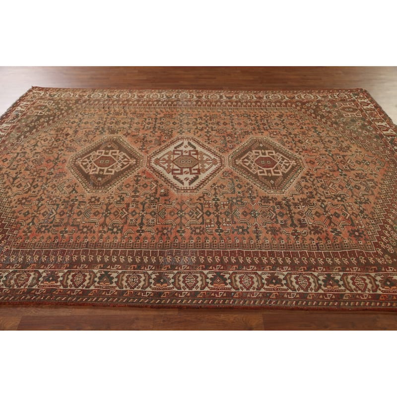 Tribal Qashqai Persian Vintage Area Rug Hand-Knotted Wool Carpet - 7'0"x 9'10"