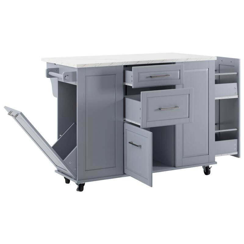 Roomfitters 50.7" Kitchen Island with Tilt Trash Can Cabinet, Pull-Out Organizer & Drop Leaf, Faux Marble Top, Grey Blue