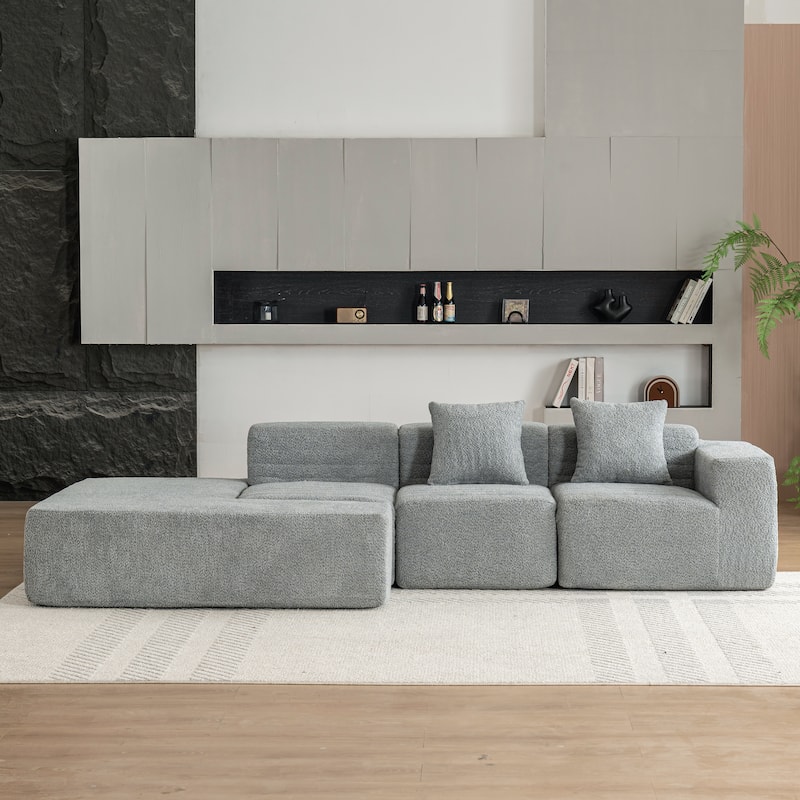 Grey 116.5" Versatile 4-Seater Sectional Sofa with Customizable 4-Piece Design in Ultra-Soft Boucle Fabric and Two Back Cushions