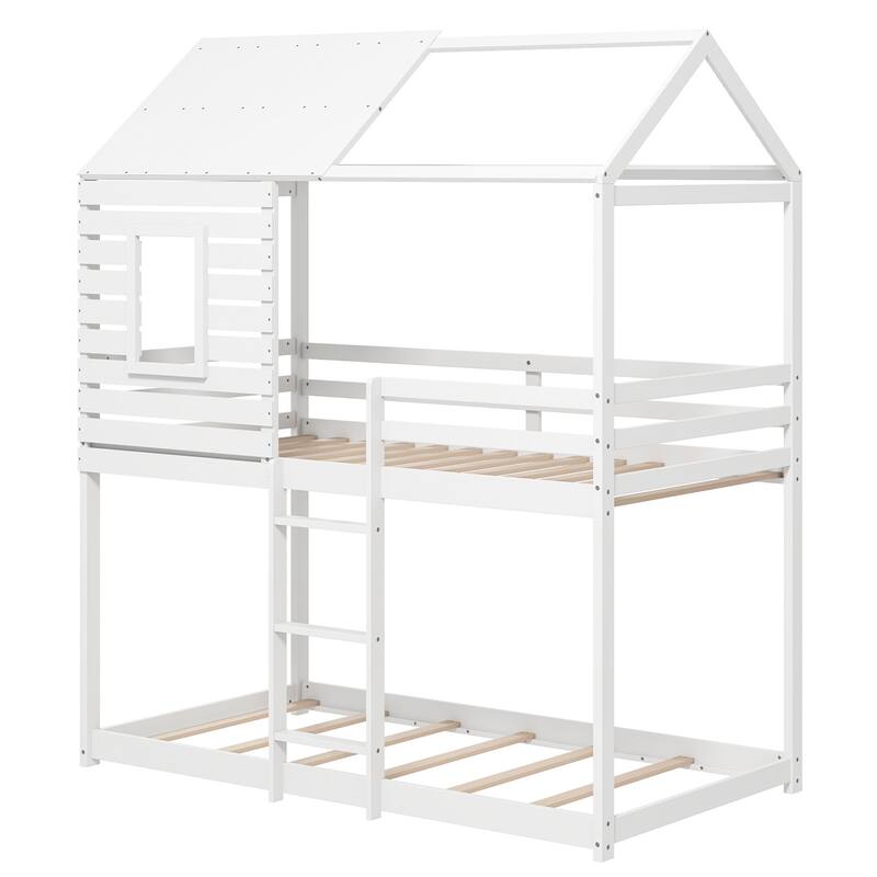 Gymax Twin over Twin House Bunk Bed Low-to-ground Bed Frame w/ Roof