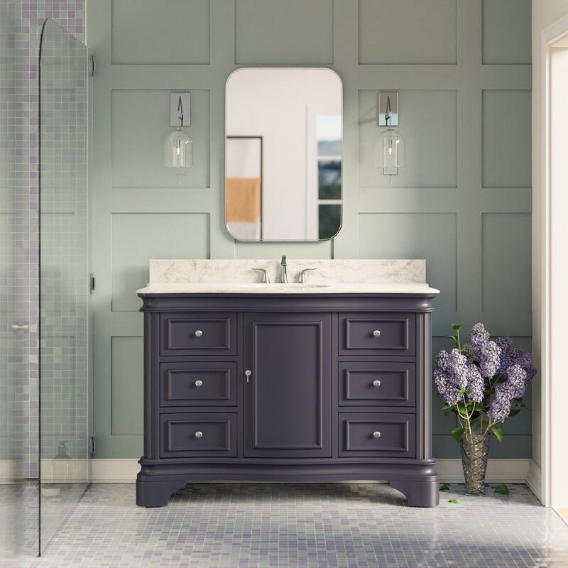 KitchenBathCollection Katherine 48" Bathroom Vanity with Carrara Marble Top - Marine Gray