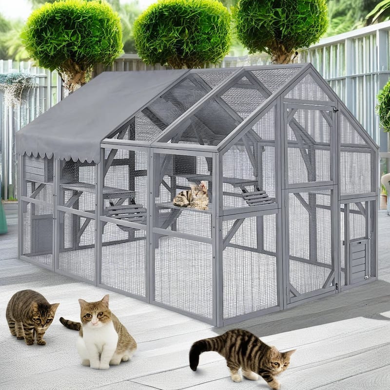 Catio Large Outdoor Cat Enclosure Wooden Kitty House Condon for Multiple Cats Run - Gray