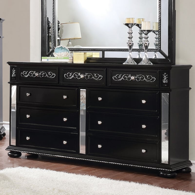 Zeln Glam 56-inch Wide 9-Drawer Solid Wood Dresser by Furniture of America - Black