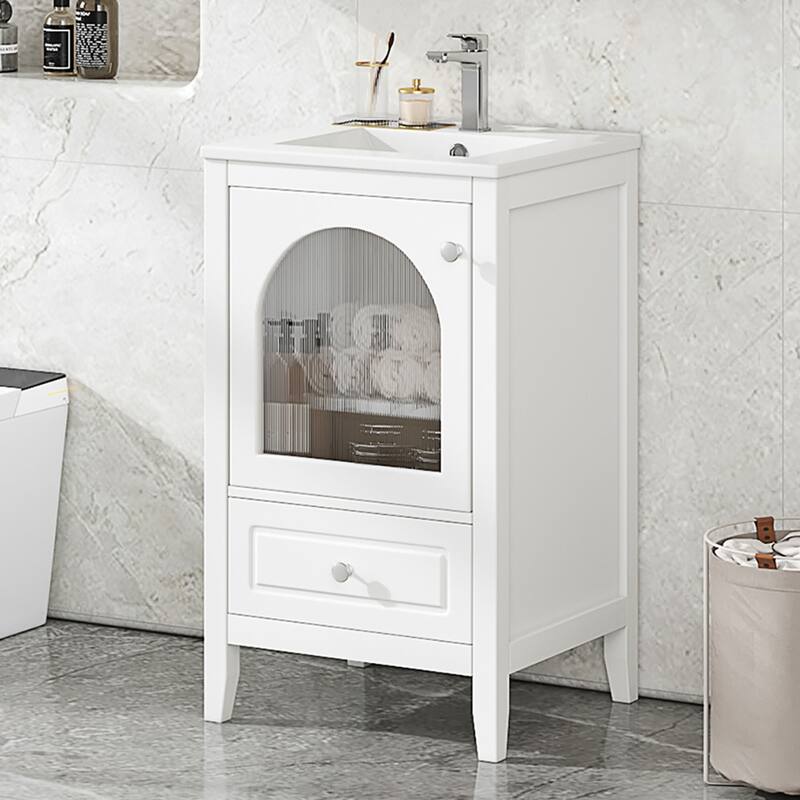 Bathroom Vanity with Ceramic Sink, Single Basin Vanity Set with Door and Drawer, Bathroom Cabinet with Soft Closing Glass Door - White