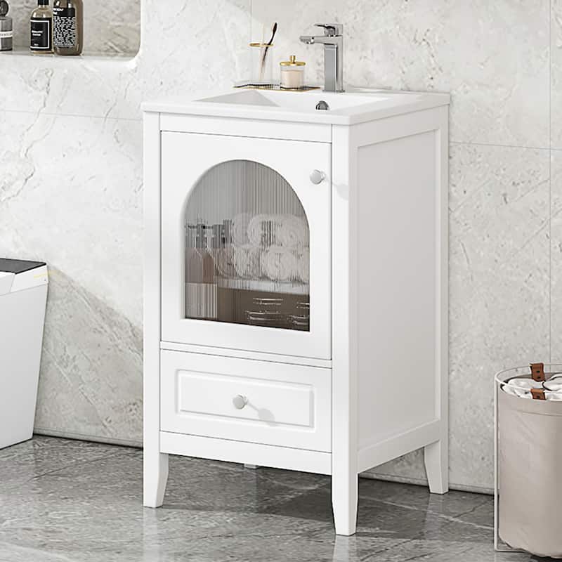Roomfitters 20" Bathroom Vanity with Sink Cabinet with Soft Closing Glass Door and Single Drawer Organizer - White
