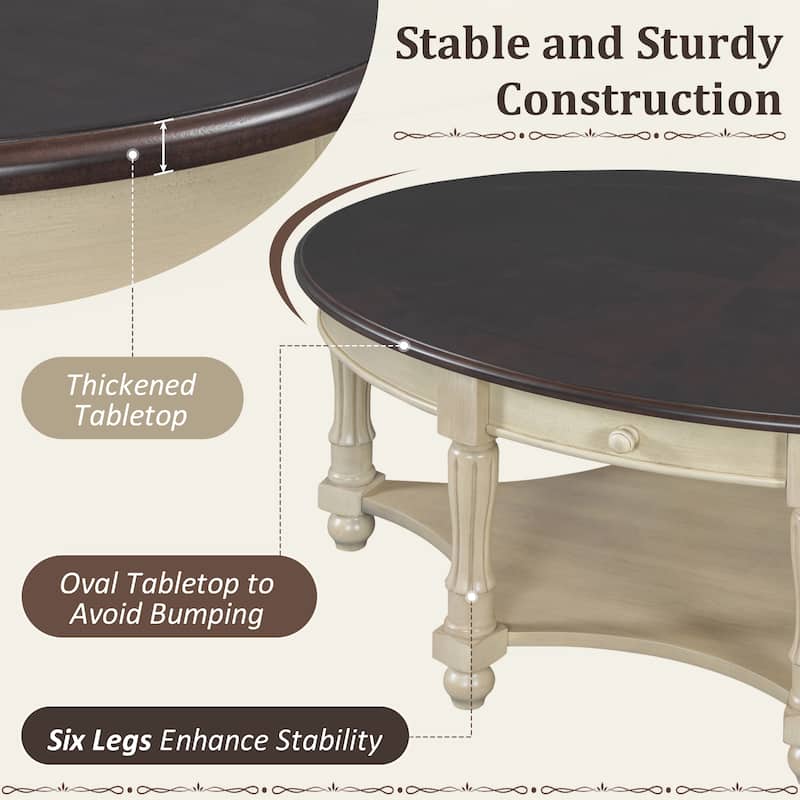 Vintage Oval Coffee Table with Drawer and Storage Shelf