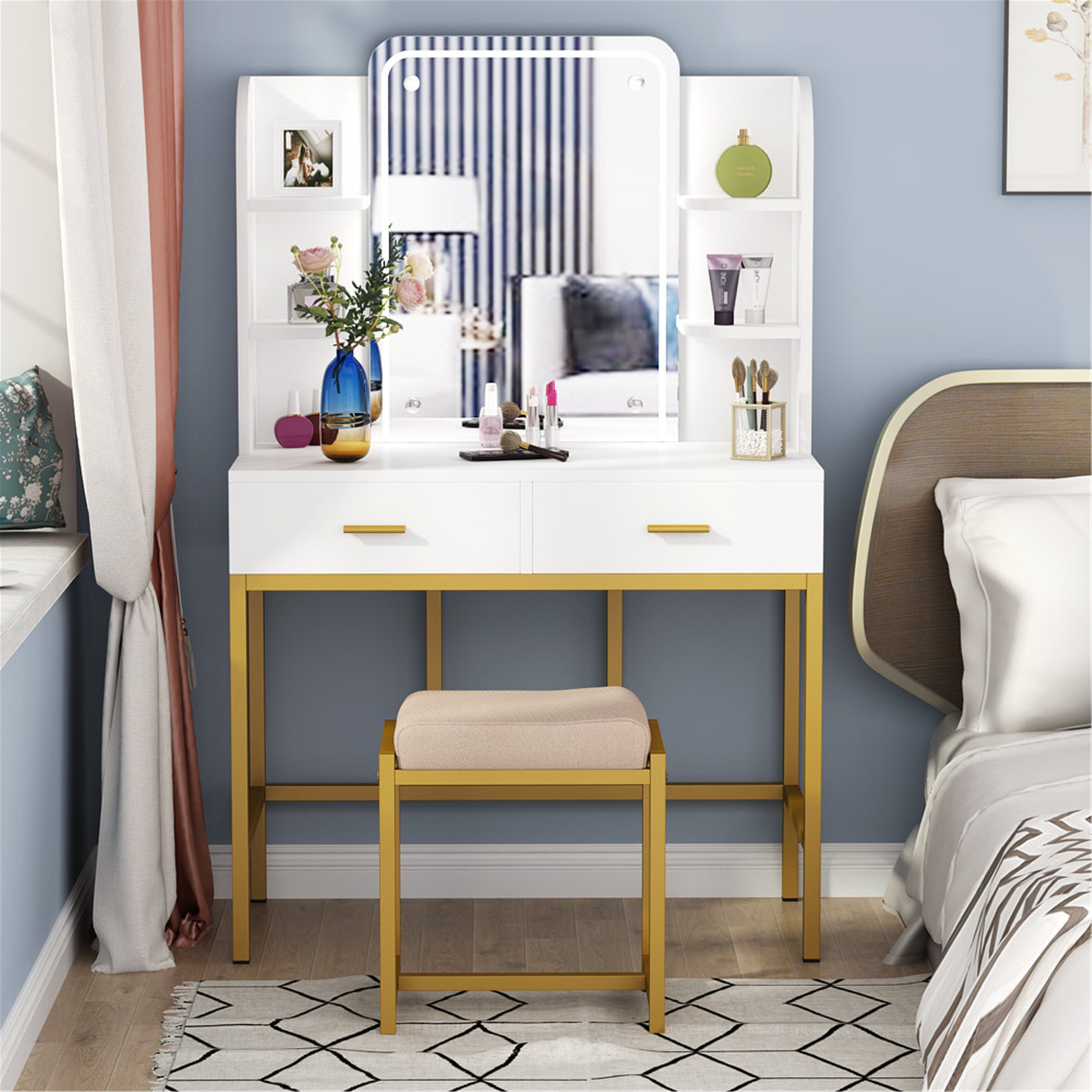 Vanity Set With Lighted Mirror And Cushioned Stool Storage Shelves And 2 Drawers White Gold Overstock 31673670 A wide variety of bedroom vanity set options are available to you, such as general use, design style, and appearance. vanity set with lighted mirror and cushioned stool storage shelves and 2 drawers white gold