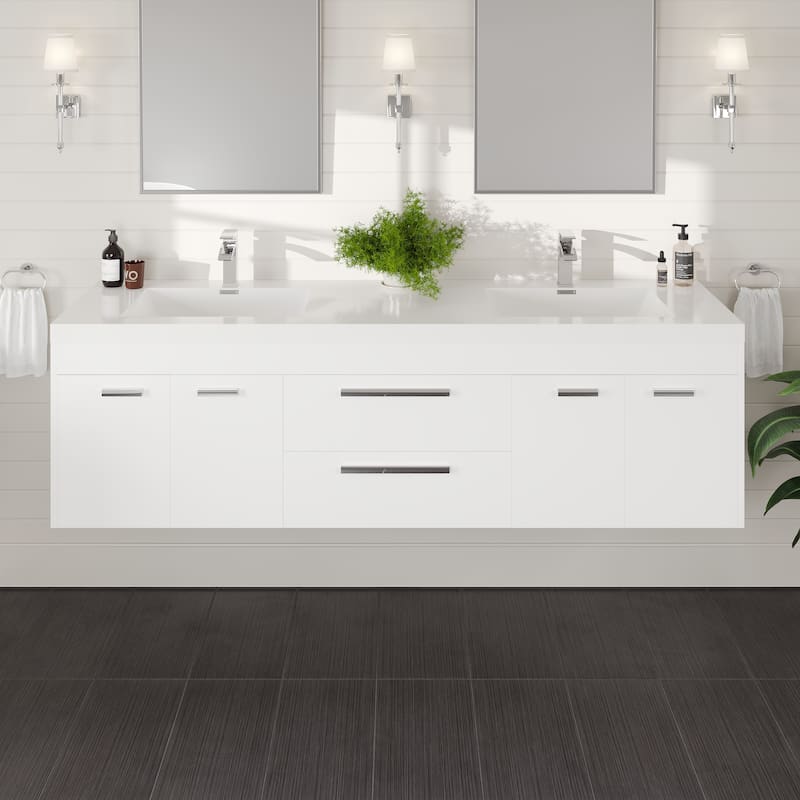 Lugano 72"W Wall Mount Bath Vanity with Acrylic Top & Integrated Sinks - White