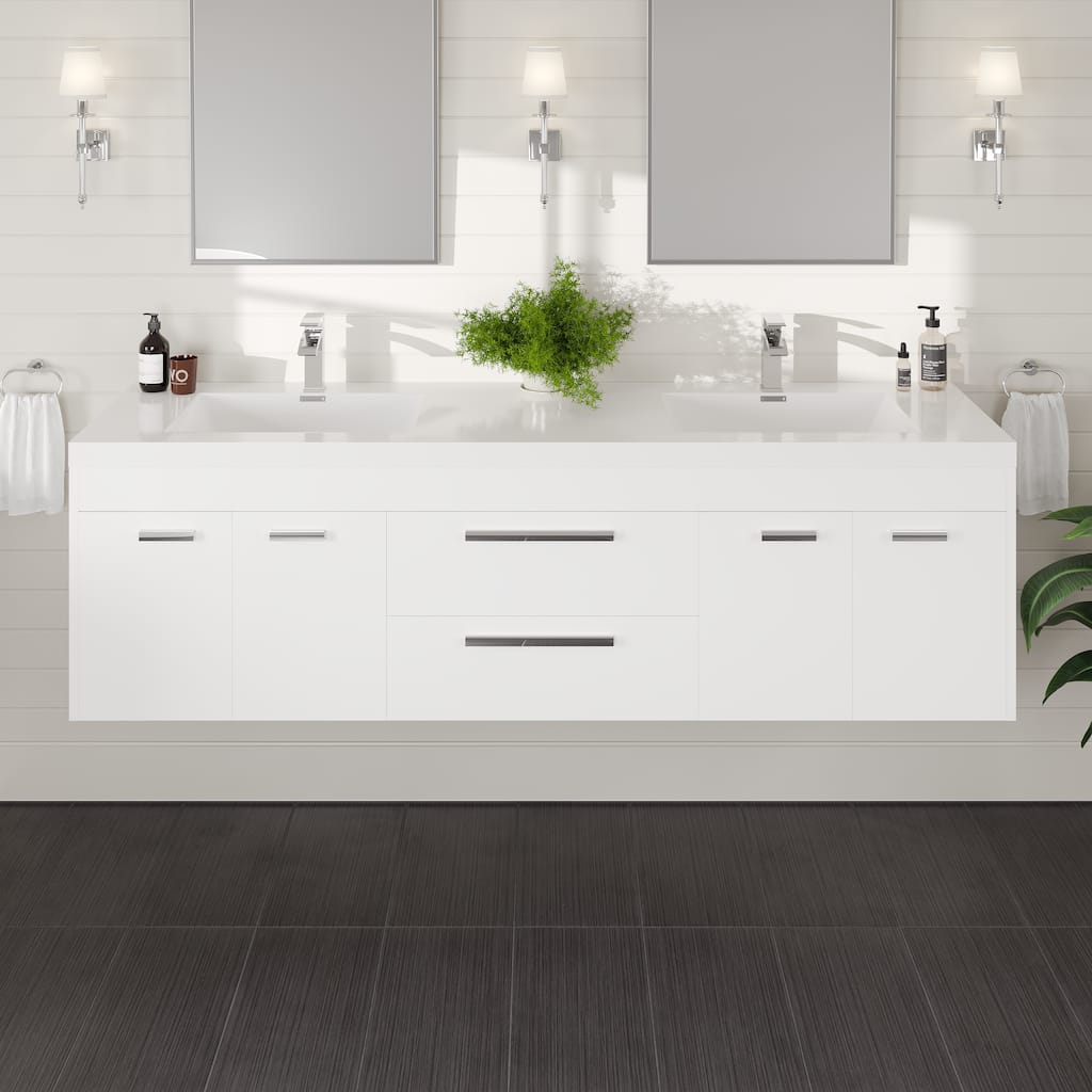 Lugano 72"W Wall Mount Bath Vanity with Acrylic Top & Integrated Sinks