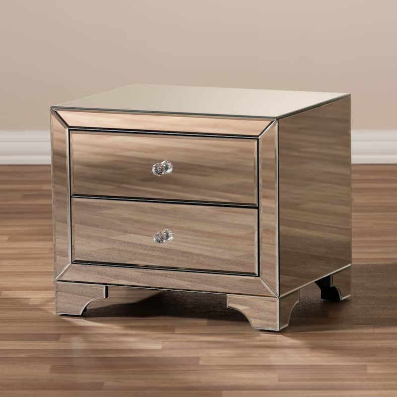 2-Drawer Nightstand with Mirrored Finish & Crystal Handles - Modern Bedside Table