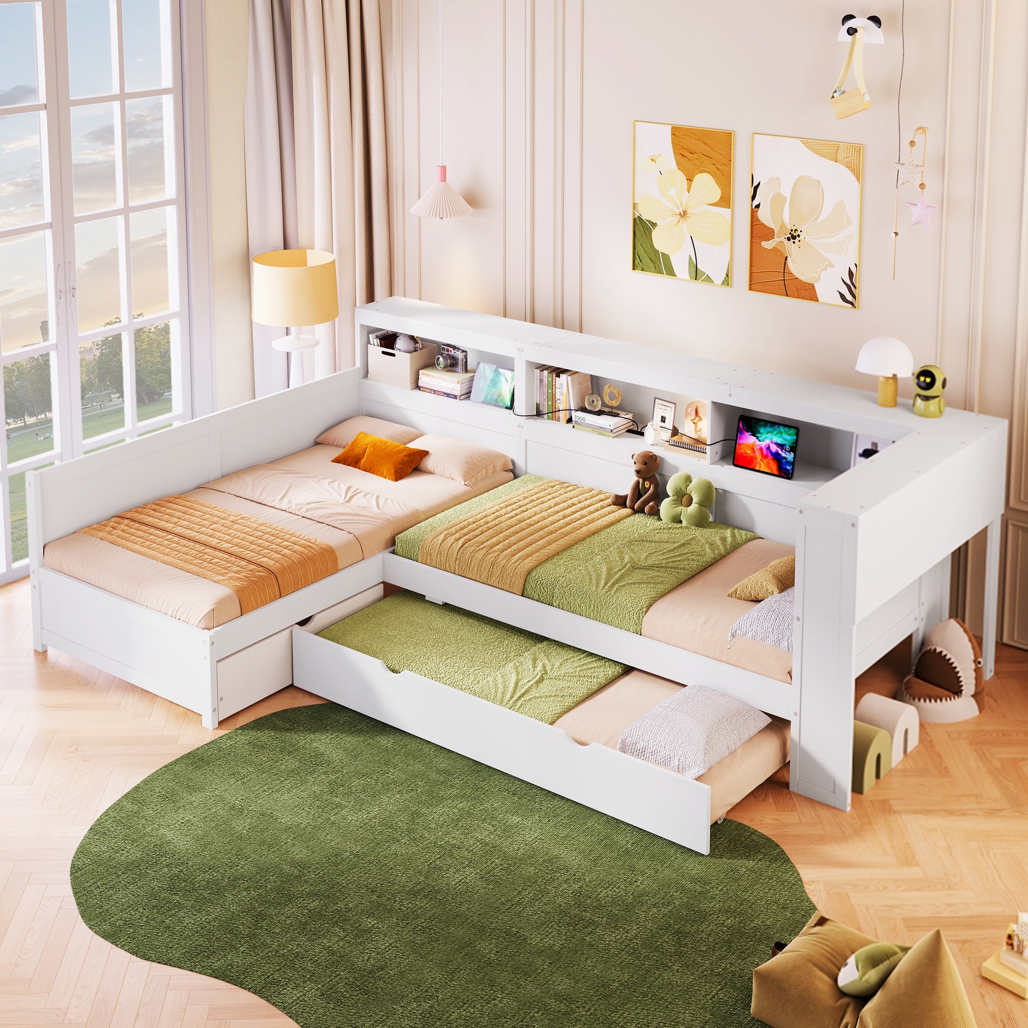 L-Shaped Wood Twin Bed – Platform Frame, Trundle & Drawer Feature.