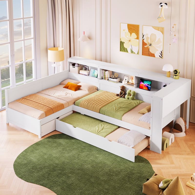 Wood Twin Size L-shaped Platform Bed with Trundle, Charging Station and Storage Shelves - White