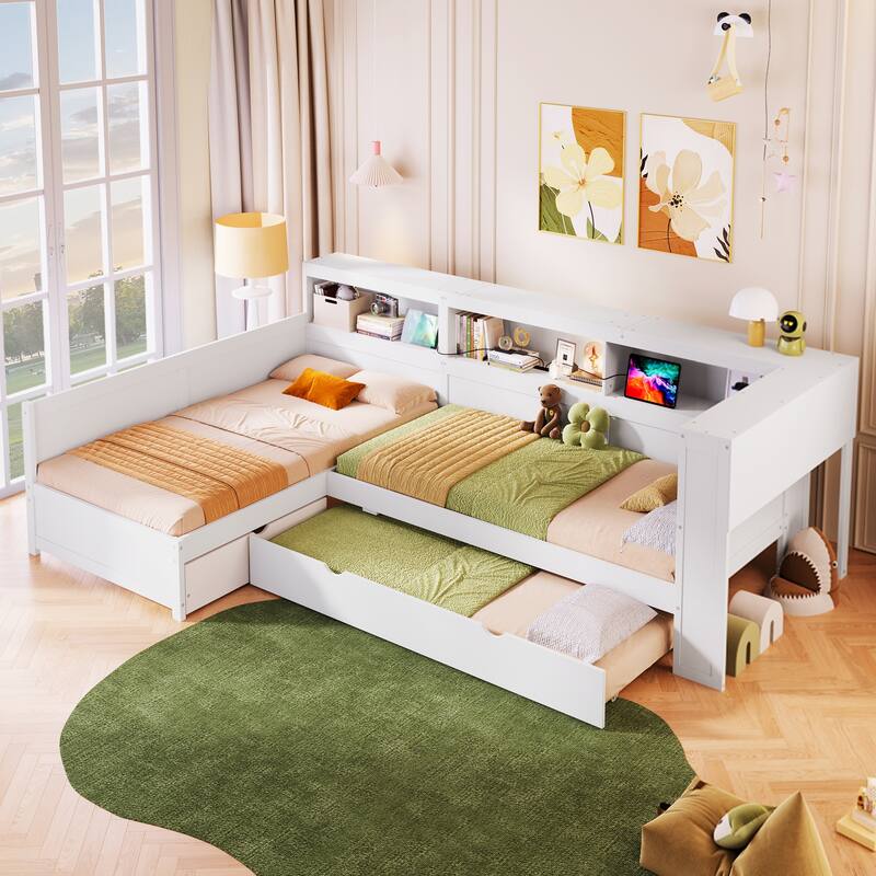 Wooden L Shaped Platform Bed Frame with Trundle for 3, Twin Size L Shaped Daybed with Shelves, Drawer and Charging Station