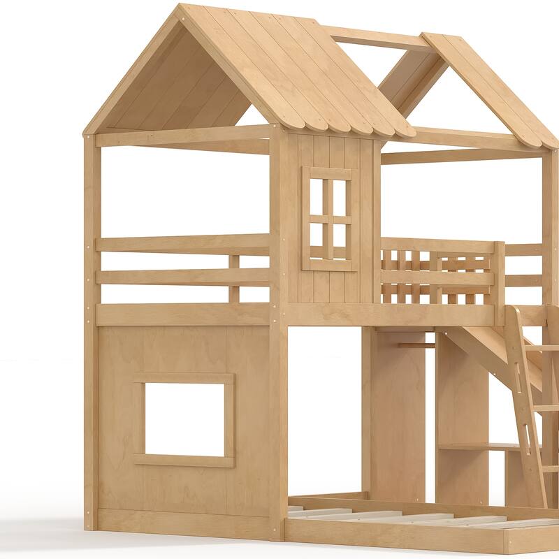 Twin over Full House Bunk Bed with Ladders and Slides, House Floor Bunk Bed with Storage Shelves and Wardrobe