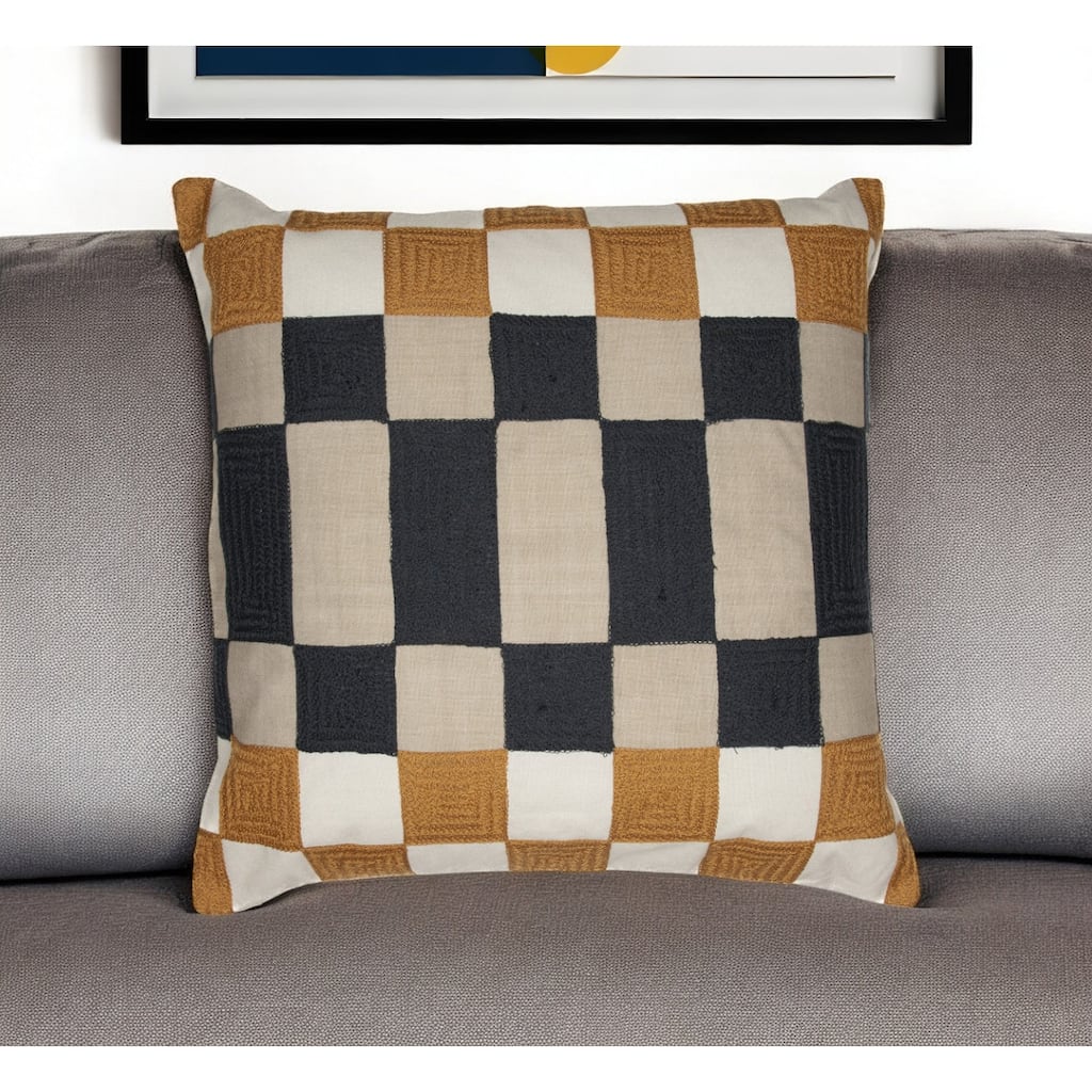 HomeRoots 20" Navy Blue Check Throw Pillow With Embroidery