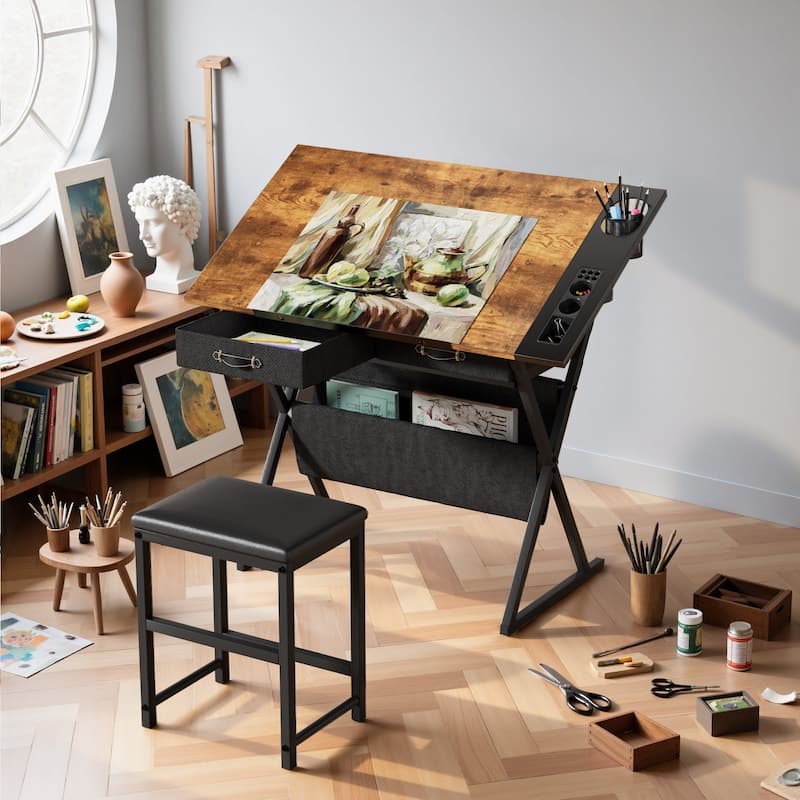 VECELO Drafting Table Set with Stool Set of 2 Tilting Art Desk with Pencil Ledge Storage Drawers with X-Frame for Home Studio