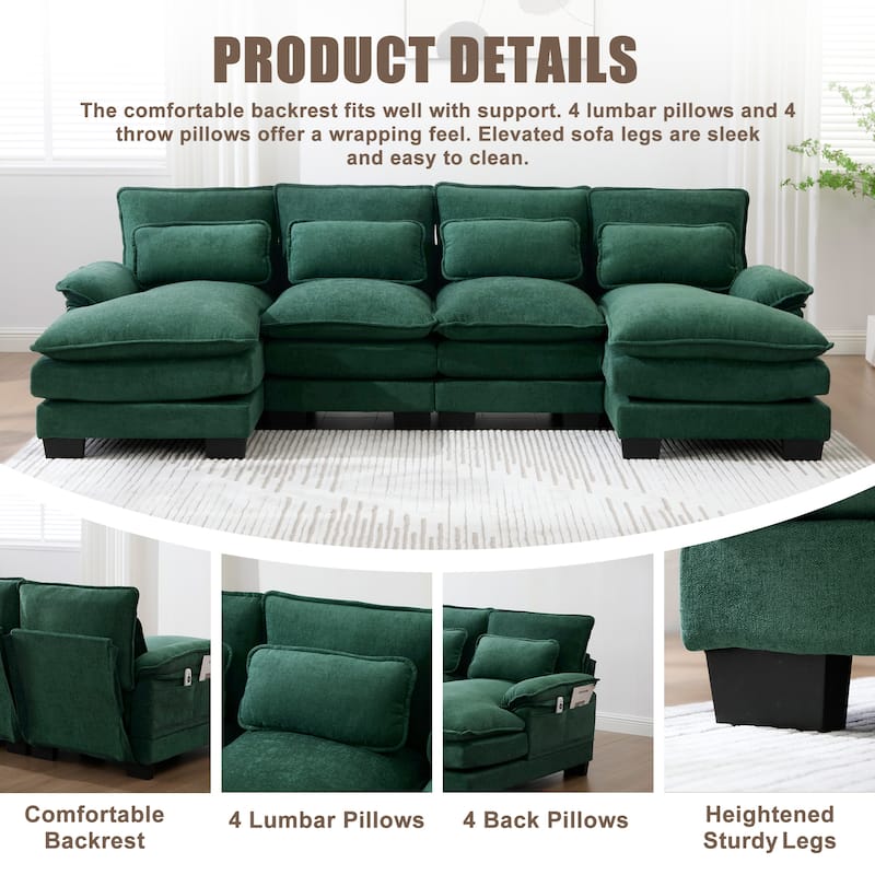 HOMEFUN Chenille Upholstered U-Shaped Modular Wood Frame Sleeper Sectional Sofa with Double Chaise