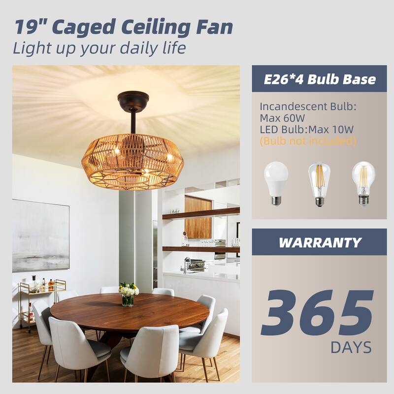 19 in. Rattan Indoor Ceiling Fan with Lights, 6-Speed Remote Control and DC Motor for Small Bedroom