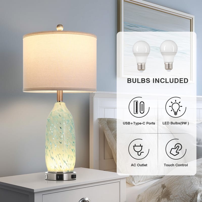 25" Coastal Bedside Table Lamps with 3-Way Touch Dimming and Charging Ports